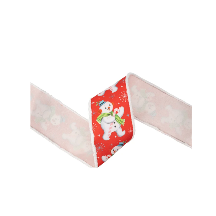 4" Wired Dupioni Ribbon | Retro Snowman on Red w/ Drift Edge w/ White Backing | 10 Yard Roll