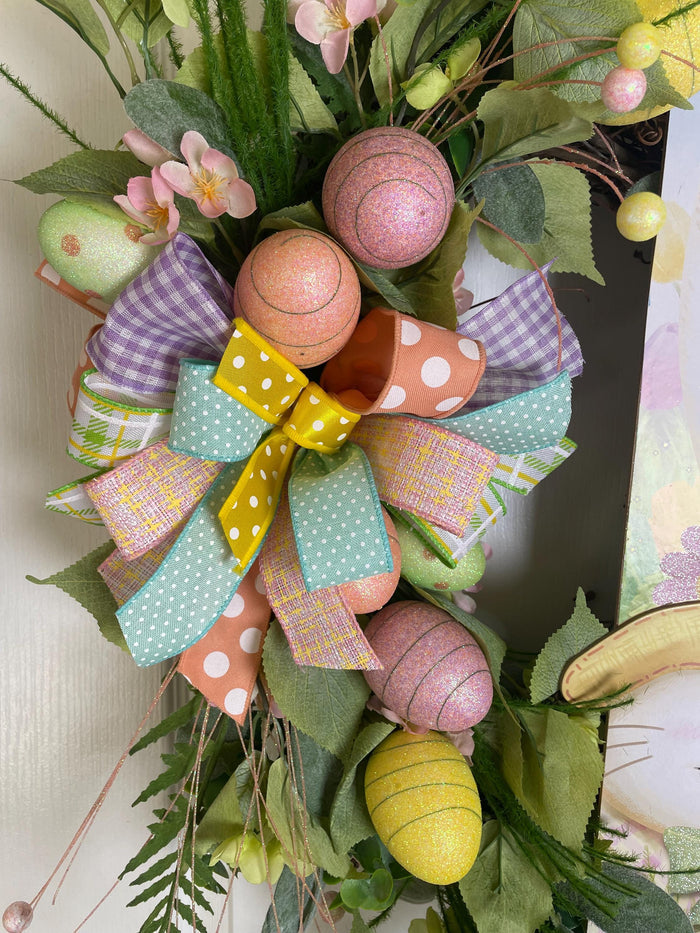 Adorable Garden Bunny with Sparkly Eggs Easter Wreath 18 x 26 inches - One-of-a-Kind Spring Décor