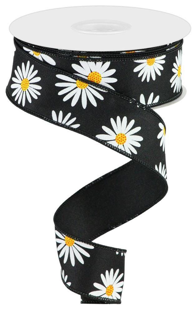 Black Daisy Wired Ribbon by RG Ribbon  1.5" x 10 Yards, Spring Summer Wreath Ribbon,  Craft Supplies