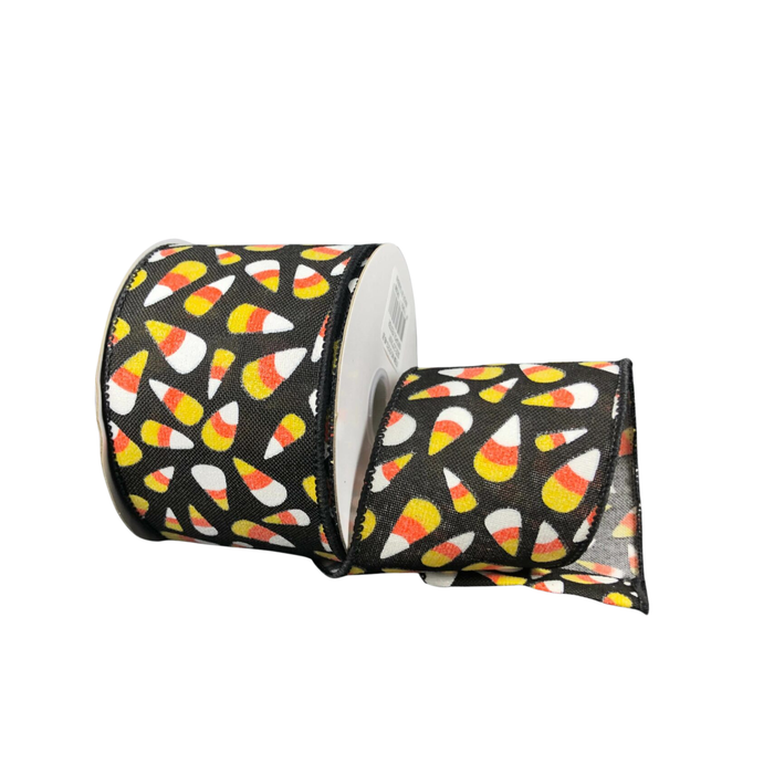 Black Linen Candy Corn Wired Ribbon by JAS – 2.5" x 10 Yards, Wreath Ribbon