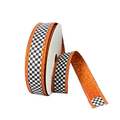 Black White Checkered Orange Glitter Back Wired Ribbon by JAS – 1" x 10 Yards, Wreath Ribbon