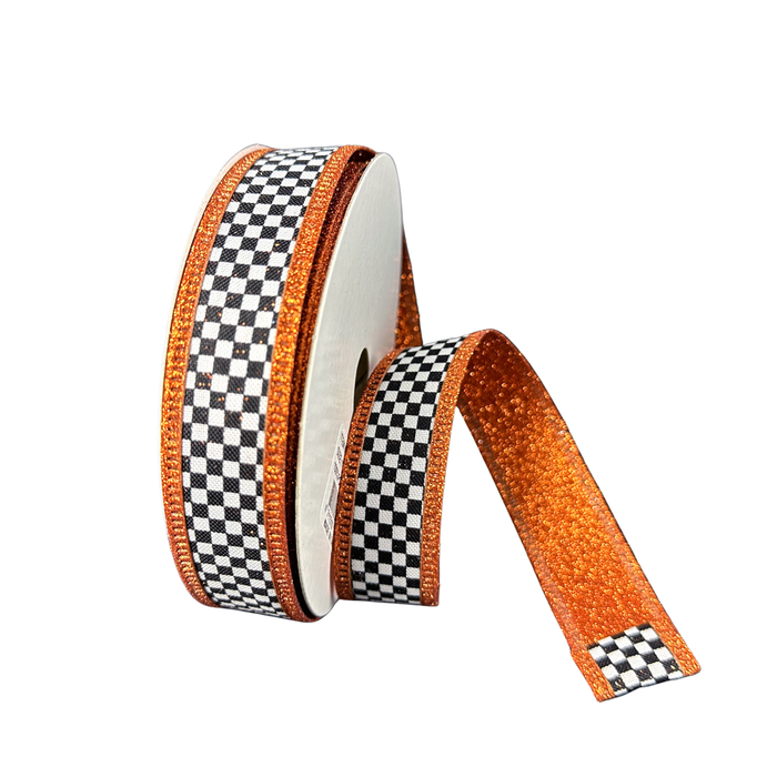Black White Checkered Orange Glitter Back Wired Ribbon by JAS – 1" x 10 Yards, Wreath Ribbon