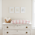Blush Check Farm Changing Pad Cover on White Antique Dresser