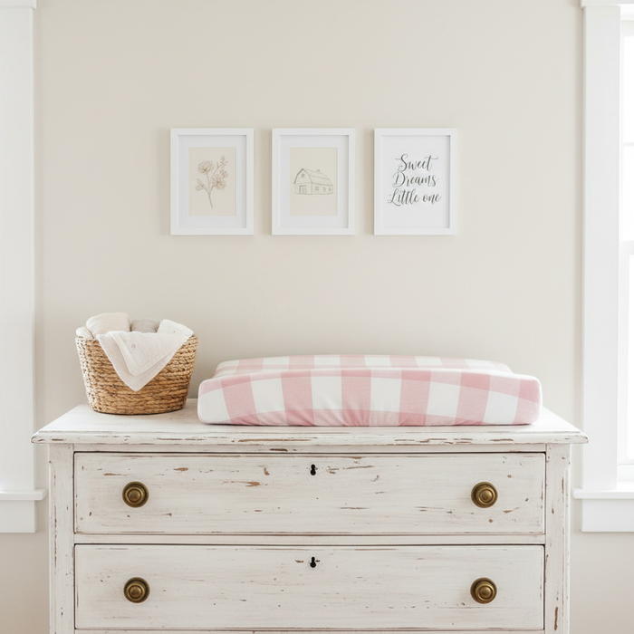 Blush Check Farm Changing Pad Cover on White Antique Dresser
