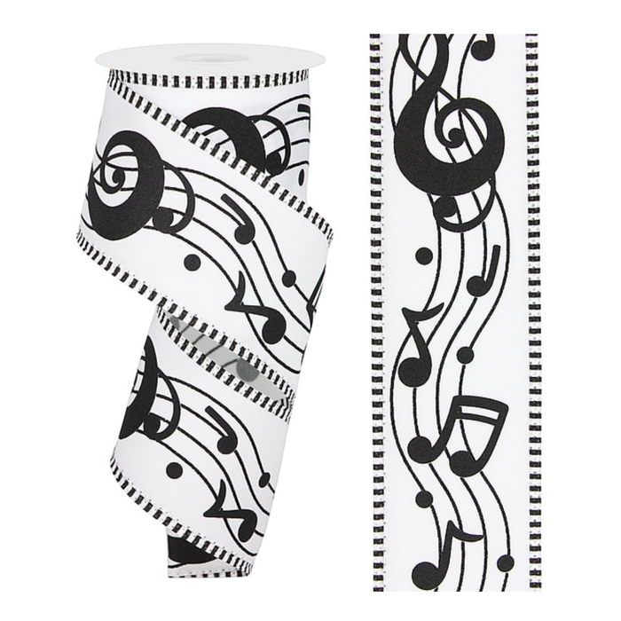 Bold Music Note Striped Edge Wired Ribbon by RG – 2.5" x 10 Yards, Wreath Ribbon
