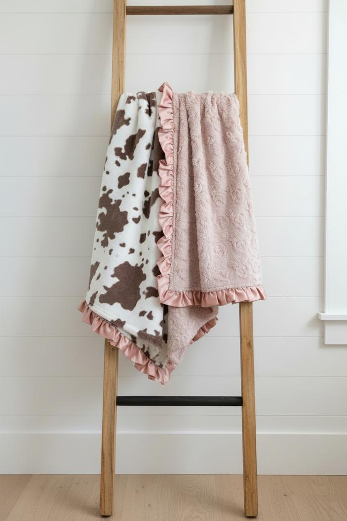 Brown Sugar Cow and Dusty Rose Minky Western Ruffle Blanket