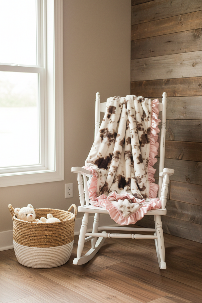 Brown Sugar Cow Minky Western Ruffle Blanket Rocking Chair