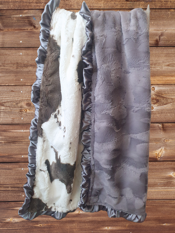 Ruffle Baby Blanket - Brownie Calf and Gray Hide Minky Western Blanket - DBC Baby Bedding Co
