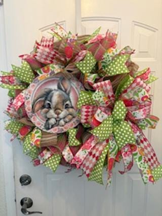 Bunny Pink and Green Easter Wreath Door Decoration  26 Inches  One-of-a-Kind Easter Décor