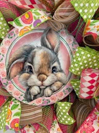 Bunny Pink and Green Easter Wreath Door Decoration  26 Inches  One-of-a-Kind Easter Décor