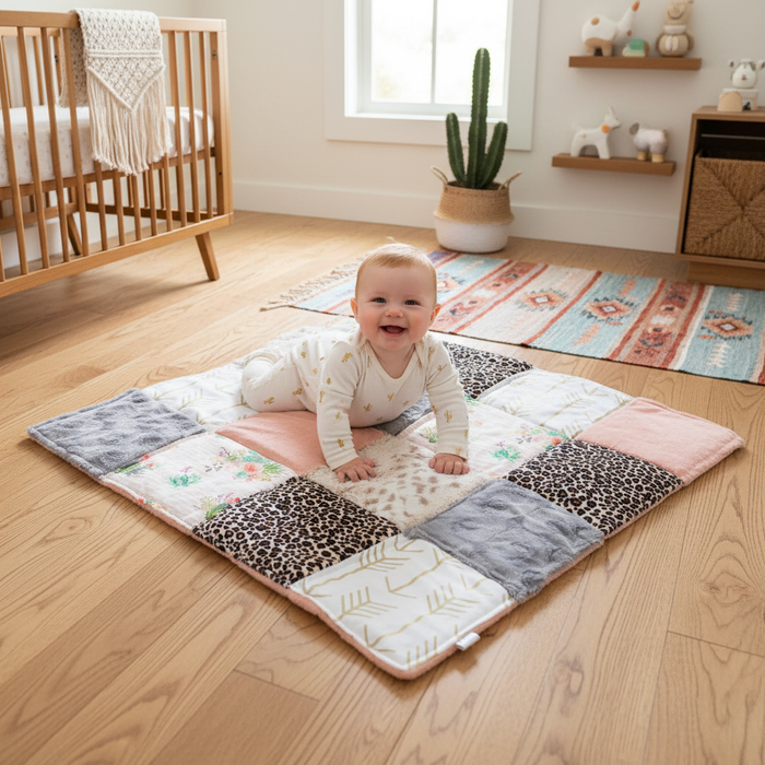 Cactus and Cheetah Minky Baby Play Mat - DBC Baby Bedding Co