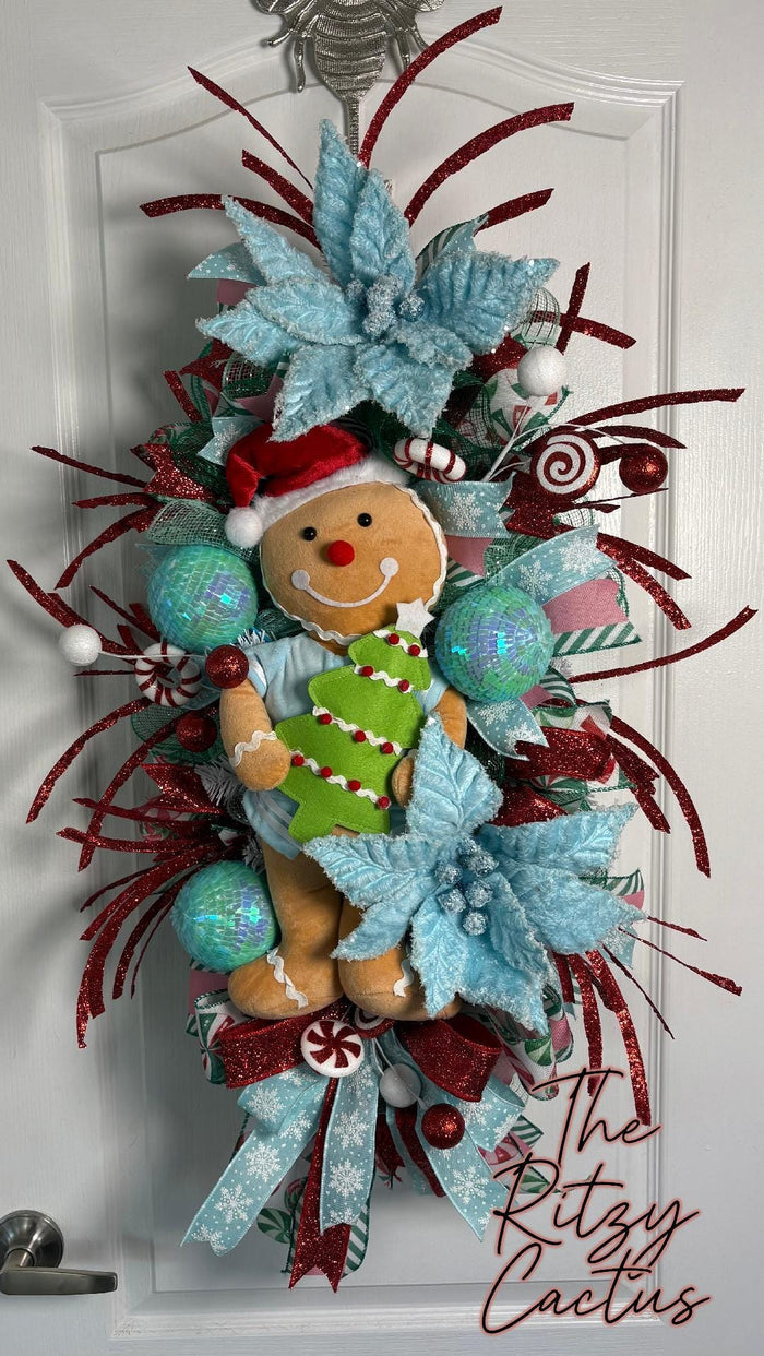 Candyland Gingerbread Wreath 20 x 36 Inches  Red Glitter Grass, Aqua Disco Balls & Sweet Holiday Fun!