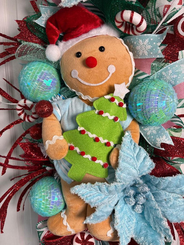 Candyland Gingerbread Wreath 20 x 36 Inches  Red Glitter Grass, Aqua Disco Balls & Sweet Holiday Fun!