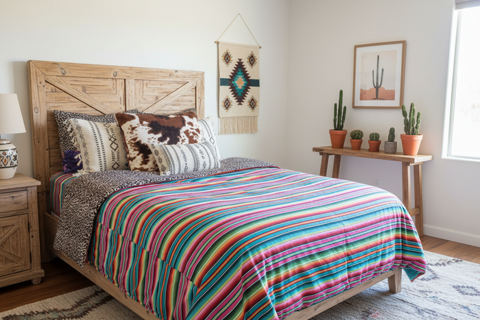 Colorful serape striped comforter with turquoise, pink, orange, and green stripes and cheetah minky on bed in styled southwestern bedroom