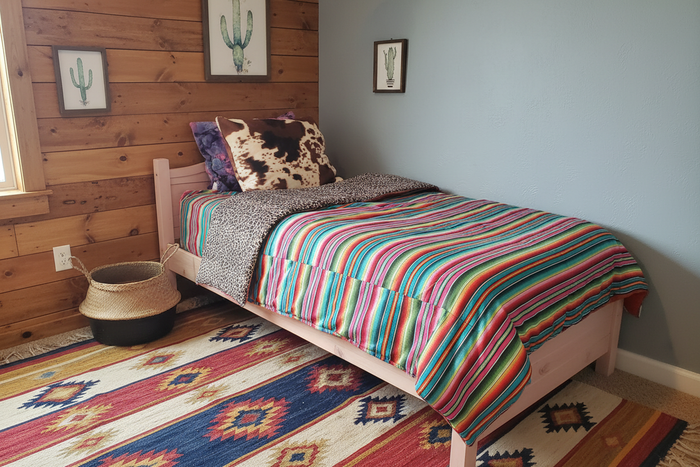 Serape and cheetah print comforter on twin bed in rustic bedroom with wood walls