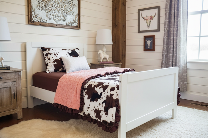 Cow Minky Peach Ruffle with Brown Sheet