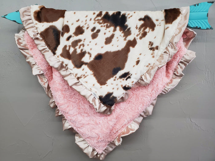 Ruffle Blanket - cow minky and peach crushed minky with light gold satin ruffle - DBC Baby Bedding Co