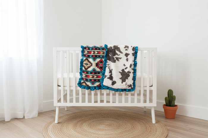 Cream Aztec and Brownie Calf Minky Western Ruffle Blanket draped over white crib rail