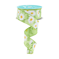 Daisies with Greenery  Wired Ribbon by RG Ribbon – 1.5" x 10 Yards, Wreath Ribbon, Craft Supplies