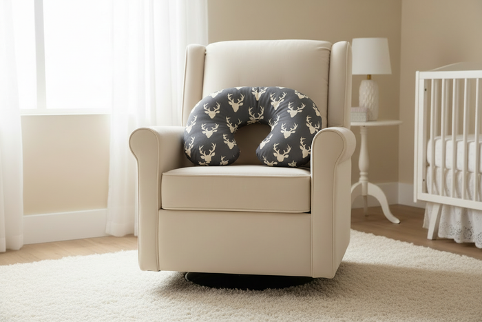 Dark Gray Buck and Fawn Minky Woodland Nursing Pillow Cover on Chair
