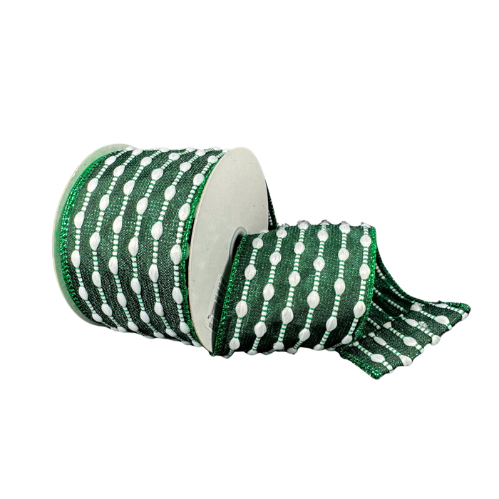 Dark Green w/Snowball Weave Wired Ribbon by JAS – 2.5" x 10 Yards, Wreath Ribbon