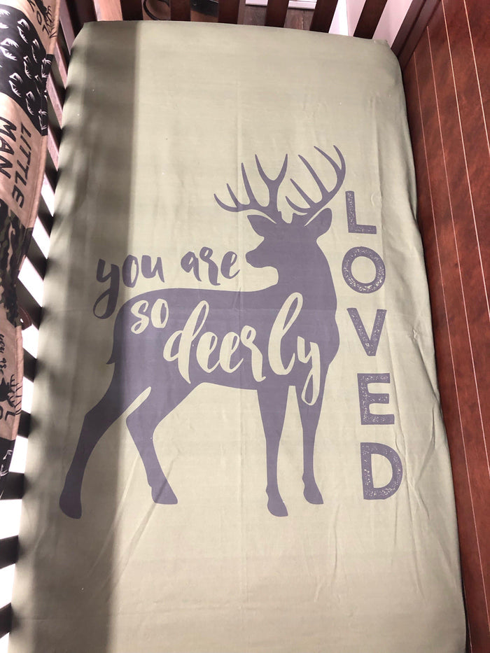 Custom Boy Crib Bedding- Deerly Loved, Camo Woodland Nursery Collection - DBC Baby Bedding Co