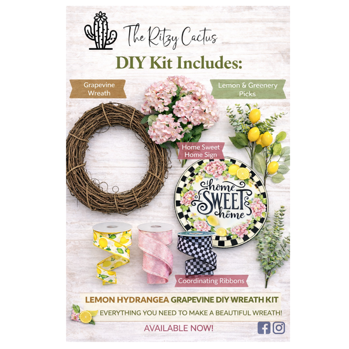 DIY Lemon Hydrangea Grapevine Wreath Kit, Summer Edition by The Ritzy Cactus, Seasonal Wreath Kit.
