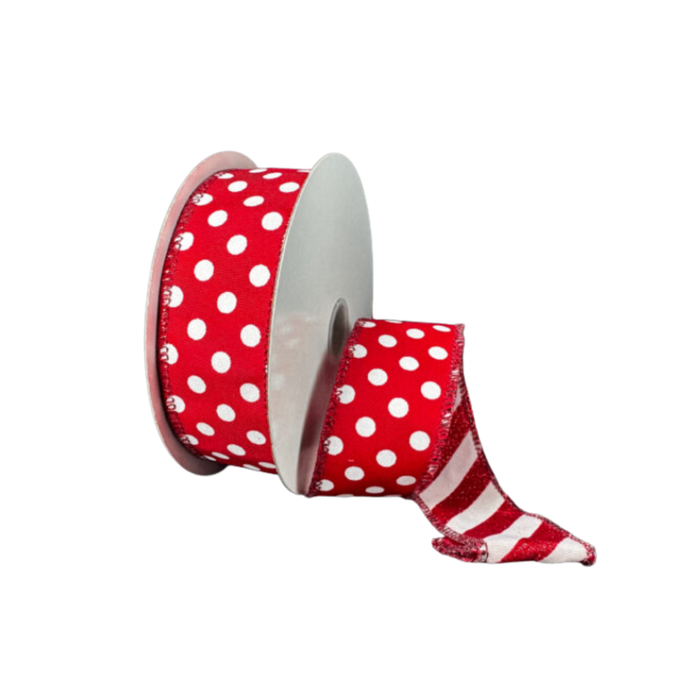 Double Sided Red Dot and Stripe – 1.5" x 10 Yards, Christmas, Valentine Wreath Ribbon