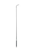 A 43 inch long dressage whip with a black woven fabric covered shaft and a gel grip handle with a silver cap.
