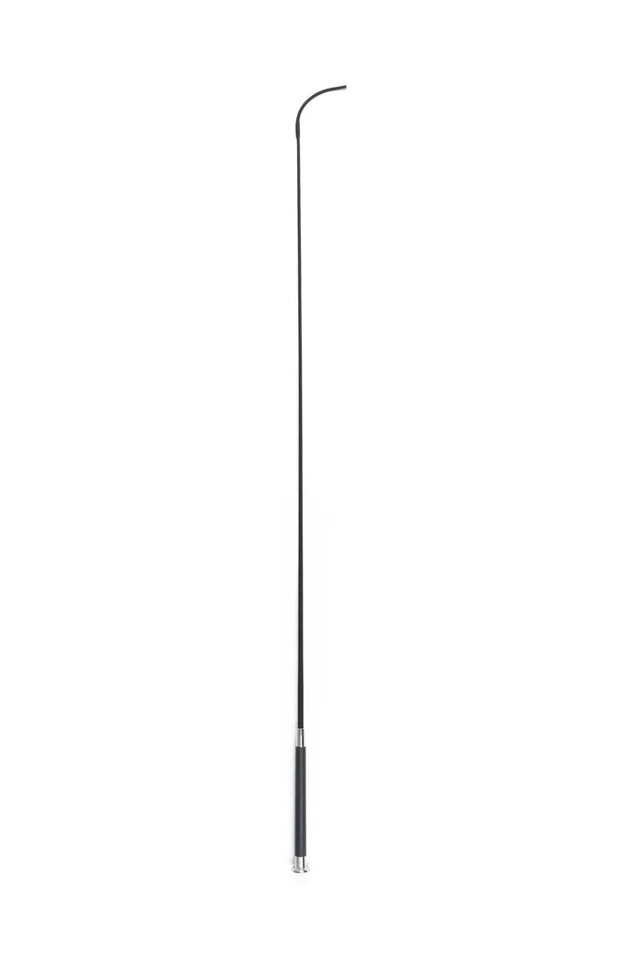 A 43 inch long dressage whip with a black woven fabric covered shaft and a gel grip handle with a silver cap.