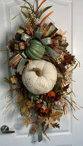 Fall Harvest Pumpkin Wreath | Cream & Sage Embroidered Pumpkin | Oversized 20 x 40 Handmade Fall Wreath