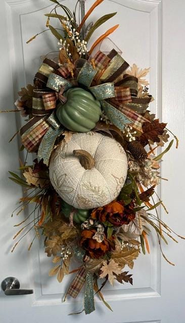 Fall Harvest Pumpkin Wreath | Cream & Sage Embroidered Pumpkin | Oversized 20 x 40 Handmade Fall Wreath