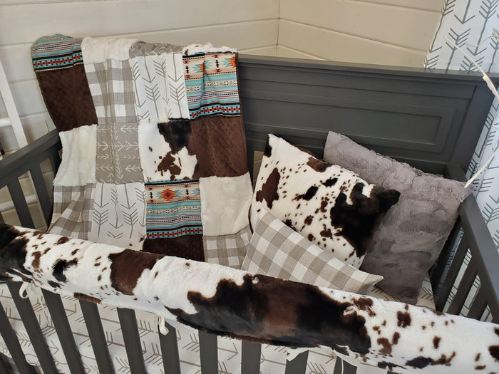 Neutral Crib Bedding- Farm House Check and Cow Minky Collection - DBC Baby Bedding Co