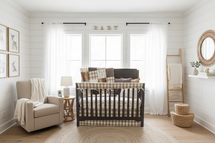Tan Buffalo Check Nursery - Complete with Wall Decor
