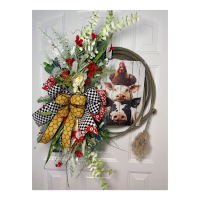 Farmhouse Friends Lasso Wreath  Red, Black White & Gold, Florals with Western  Charm 25 x 28 Inches