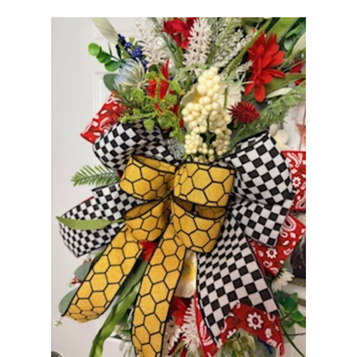 Farmhouse Friends Lasso Wreath  Red, Black White & Gold, Florals with Western  Charm 25 x 28 Inches