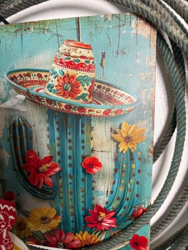 Festive Cactus Lasso Wreath  Red, Aqua & Gold Florals with Western Holiday Charm 25 x 28 Inches