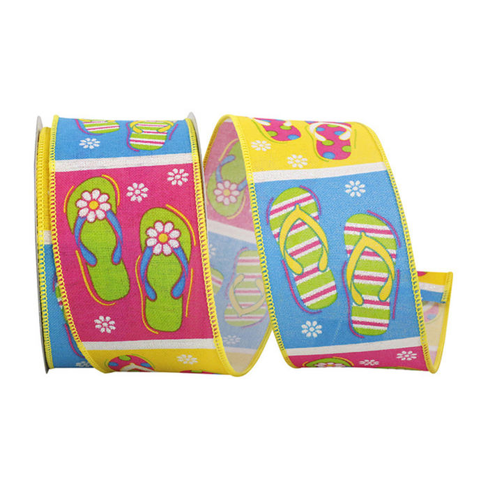 Flip Flop Linen Wired Ribbon by Reliant Ribbon – 2.5" x 10 Yards, Wreath Ribbon
