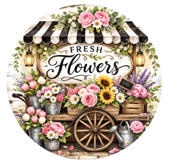 Flower Cart 10 Inch Wreath Sign, Metal Wreath Sign, Home Decor, DIY, The Ritzy Cactus