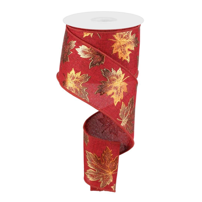 Foil Maple Leaf On Royal Wired Ribbon by RG Ribbon – 2.5" x 10 Yards, Wreath Ribbon