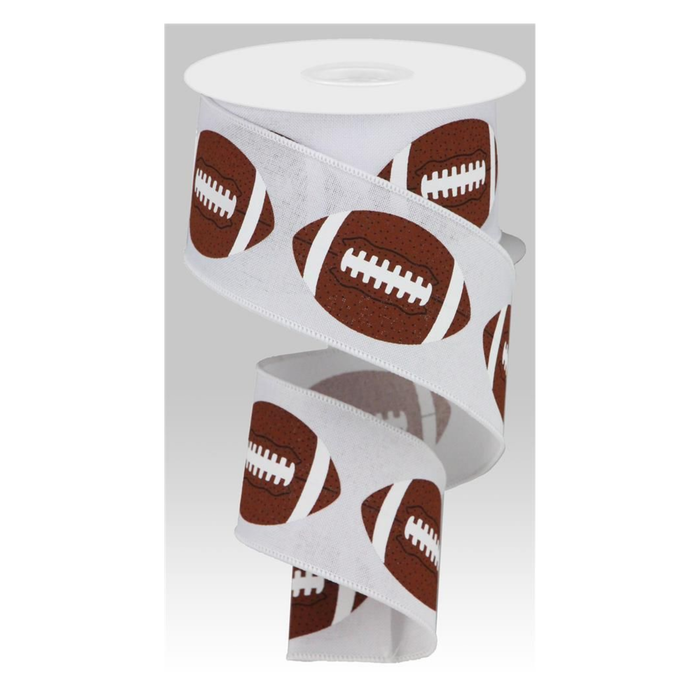 Football On Royal White Brown Wired Ribbon by RG Ribbon – 2.5" x 10 Yards,  Wreath Ribbon, Craft Supplies