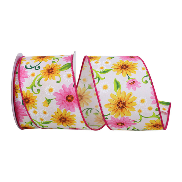 Gerberas & Daisies Wired Ribbon by Reliant  – 2.5" x 10 Yards, Wreath Ribbon