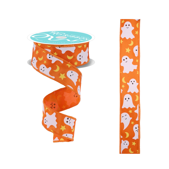 Ghost Moon Stars Halloween Wired Ribbon by RG Ribbon – 1.5" x 10 Yards, Wreath Supplies