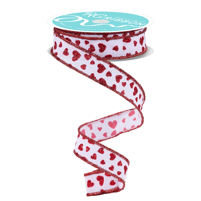 Glitter Mini Heart Wired Ribbon by RG Ribbon – 7/8" x 10 Yards, Wreath Supplies