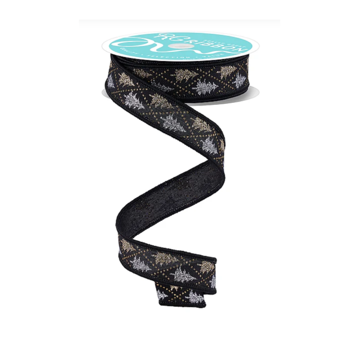 Glitter Tree Harlequin Wired Ribbon by RG – 7/8" x 10 Yards, Wreath Ribbon
