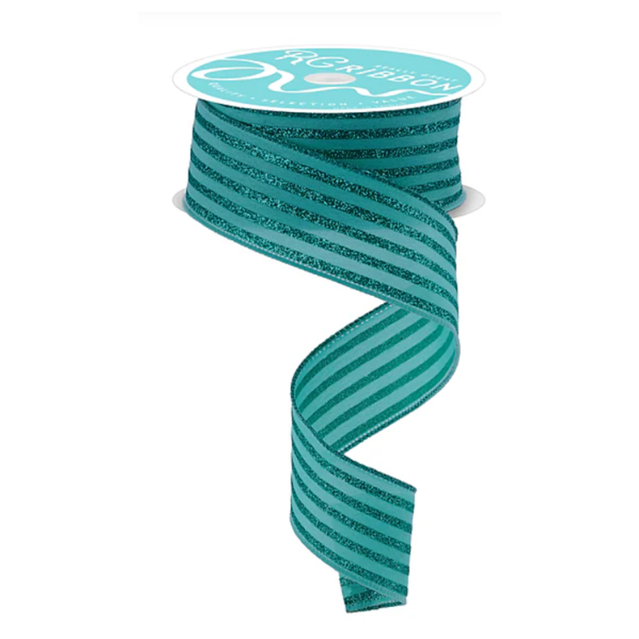 Glitter Vertical Stripe Aqua Wired Ribbon by RG Ribbon – 1.5" x 10 yards