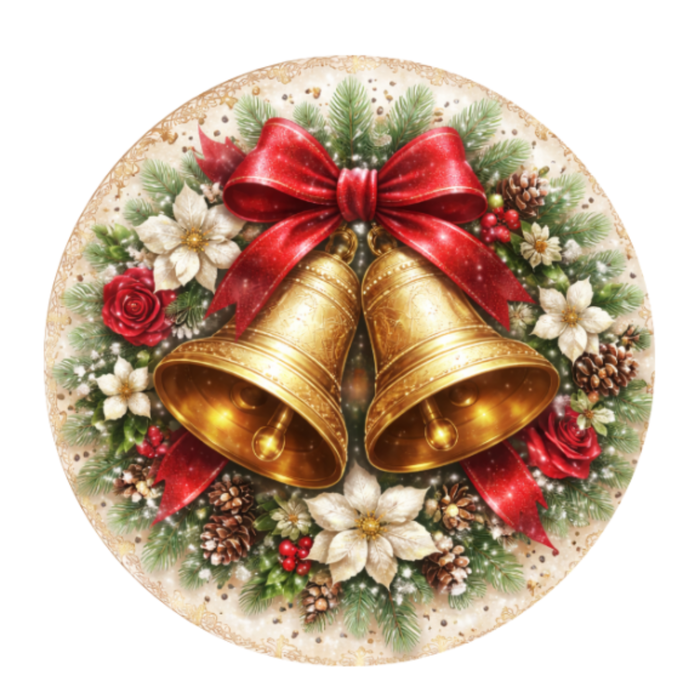 Gold Bells Christmas 10 inch Sign, Metal Wreath Sign, Home Decor, The Ritzy Cactus