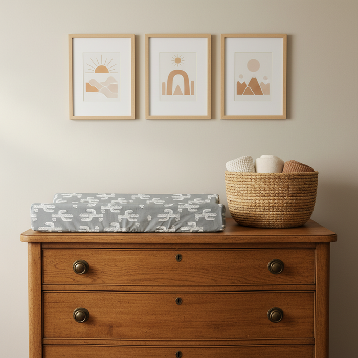 Gray Cactus Western Changing Pad Cover on Brown Dresser with Wall Art