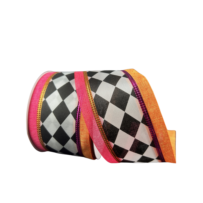 Harlequin Black White Orange  Hot Pink Trim Wired Ribbon by JAS – 2.5" x 10 Yards, Wreath Ribbon