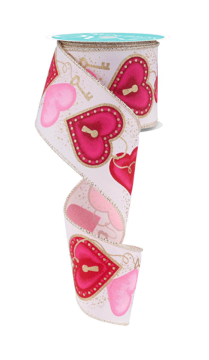Heart Lock Wired Ribbon by RG Ribbon  2.5" x 10 Yards, Spring Valentine Wreath Ribbon,  Craft Supplies